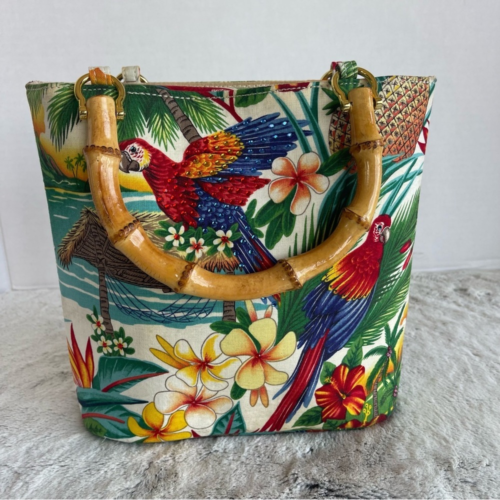 Vintage Tidy Tropical Print Tote Bag with Bamboo Handles Made In The USA - Picture 4 of 16
